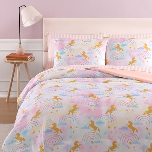 Twin Comforter Set with Sheets for Girls-5 Pieces Twin Bedding Sets with Pink Comforter, Sheets, Pillowcase & Sham for Kids (Gold Unicorn, 66" X 86")