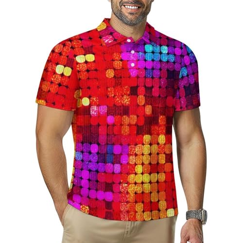 Mens Disco Shirt 60s 70s Sequins Print Short Sleeve Collared Golf Top Moisture Wicking Summer Polo T-Shirt