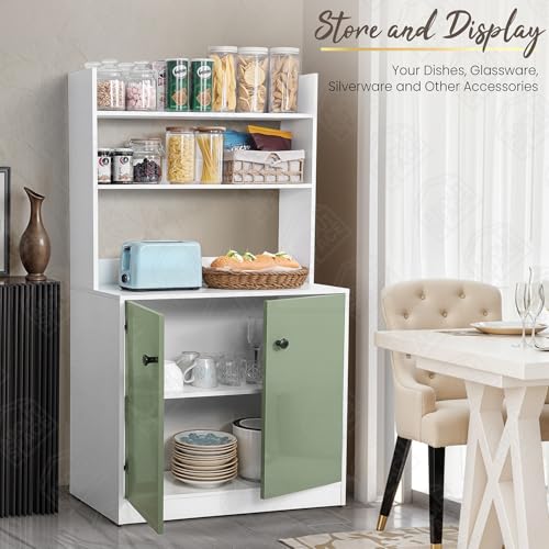 Image of ABOUT SPACE 5 Tier Kitchen Organizer Rack - 5.5 ft Wooden Kitchen Cabinet with 3 Open Shelves & 2 Storage Rack with Door Easy to Assemble for Home Living Room (White, Green - L 80 x B 40.5 x H 163 cm)