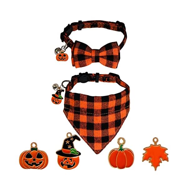 Stmk 2 pack holiday cat bandana collar with bell, breakaway halloween thanksgiving day fall cat kitten bandana collar with bell & diy pumpkin maple leaf for holiday cats kittens costume decorations