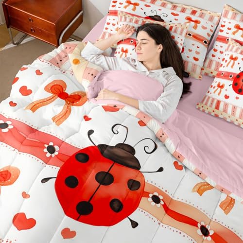 Image of Cartoon Ladybug Bedding Sets Queen Red Orange Bowknot Hearts Comforter Set Watercolor Stripes Grid Rustic Style All Season Comforter Flat Sheet Fitted Sheet 2 Pillowcases 2 Throw Pillow Covers 7 Pcs