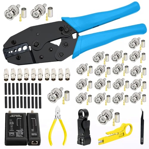 Dasxskj Coaxial Cable Tool Kit, BNC Crimp tool for RG58, RG59, RG62, RG174, 20PCS RG58 BNC Male Crimp Connectors,10PCS BNC Female to Female Connectors, Cable Stripper, Heat Shrink Tube Cable Tester