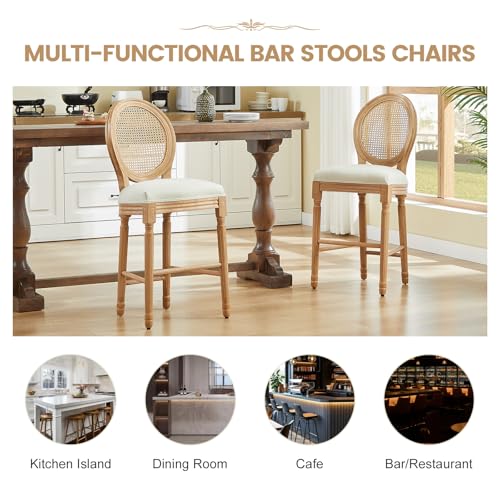 Image of Virabit French Country Bar Stool Set of 2, Rattan Counter Height Chairs with Solid Wood Frame and Upholstered Seating, 26 Inch Bar Stools