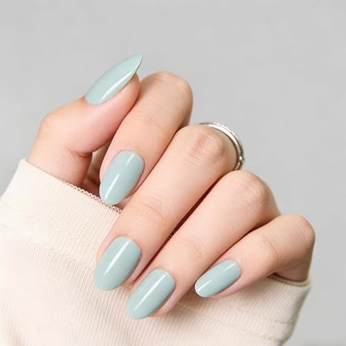 Press On Nails Almond,Medium Blue Green Soft Gel Fake Nail