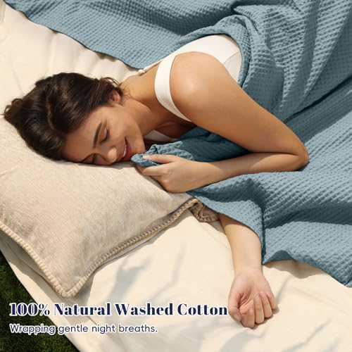 Image of PHF 100% Cotton Waffle Blanket Lightweight Breathable, Twin Size, Ocean | Pre-washed Soft Cozy Summer Throw for Hot Sleepers, Textured Decorative Layer for Bed Couch Sofa Guest Room, Giftable