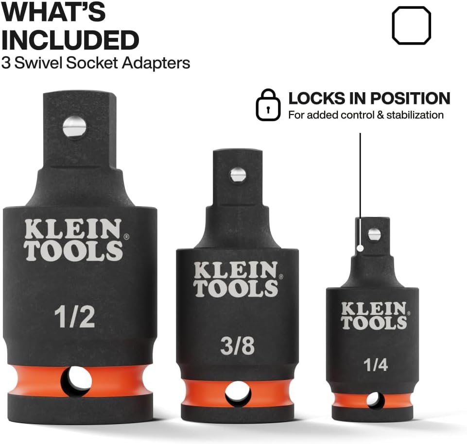 Klein Tools 65843SW Impact Wrench Swivel Socket Adapter Set, 3-Piece, 15-Degree Pivot, 1/4-Inch, 3/8-Inch,1/2-Inch Square Drive, Fixed-Position and Swivel, Impact Wrench to Socket Extensions