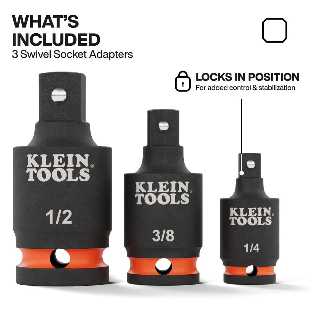 Klein Tools 65843SW - Juego de adaptadores de llave de impacto giratoria, 3 piezas, pivote de 15 grados, 1/4 pulgadas, 3/8 pulgadas, 1/2 pulgada, posición fija y giratoria, llave de impacto a