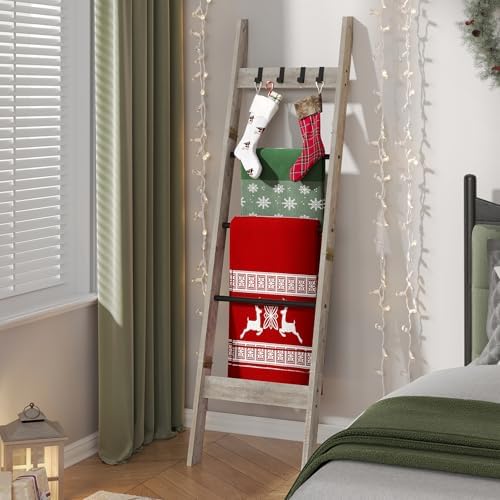 Hzuaneri Blanket Ladder Decorative Quilt Rack with 4 Removable Hooks