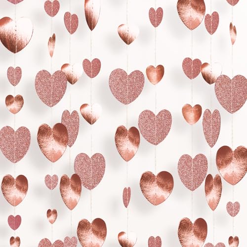G2PLUS Rose Gold Reflective Heart Garland, 16m Hearts Hanging Garlands, Wedding Paper Heart Garland Hanging Streamer for Anniversary, Wedding, Birthday Party, Baby Shower