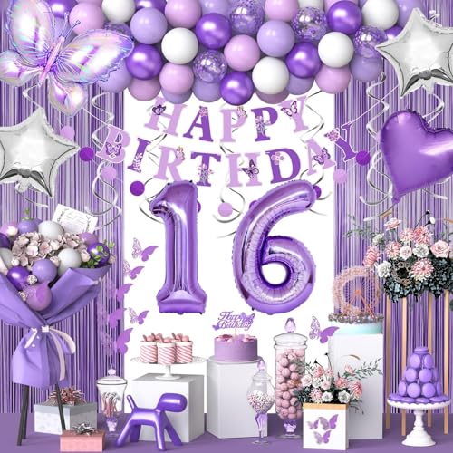 16th Purple Birthday Decorations for Girls, Purple Pink 16th Birthday Decorations Butterfly Theme Lavender Party Decor Set with Number Balloons, Banner, Sash, Butterfly Stickers