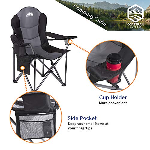 Coastrail Outdoor Camping Chair Oversized Padded Folding Quad Arm Chairs with Lumbar Back Support, Cooler Bag, Cup Holder & Side Pocket, Extra Head Pocket, Supports 400 lbs (Black, Modern)