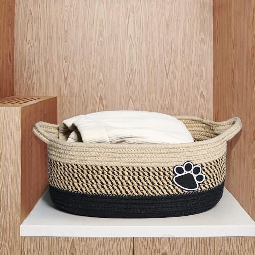 Small Woven Baskets for Organizing Rope Storage Basket with Handle Cute Cotton Nursery Gift Dog Toy Bins Organizer-Light Beige - Thumbnail 6