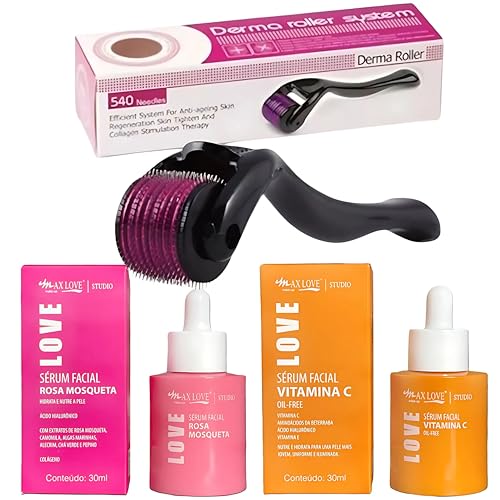 Kit Microagulhamento Facial, Dermaroller 1.5mm, Sérum Vitamina C com Ácido Hialurônico, Sérum Rosa Mosqueta, Preto com Roxo