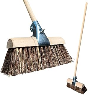 Saddleback Yard Broom Outdoor Heavy Duty, 13 Saddle Broom Curved Top Stiff Broom with Bassine/Cane Bristles, Metal Broom Clamp, and Long Wooden Handle, Hard Bristle Broom for Stables & Farm Yards