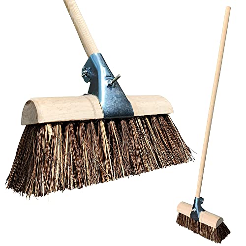 Saddleback Yard Broom Outdoor Heavy Duty, 13” Saddle Broom Curved Top with Bassine/Cane Bristles, Metal Clamp, and Long Wooden Handle, Hard Bristle Cleaner for Stables & Farm Yards