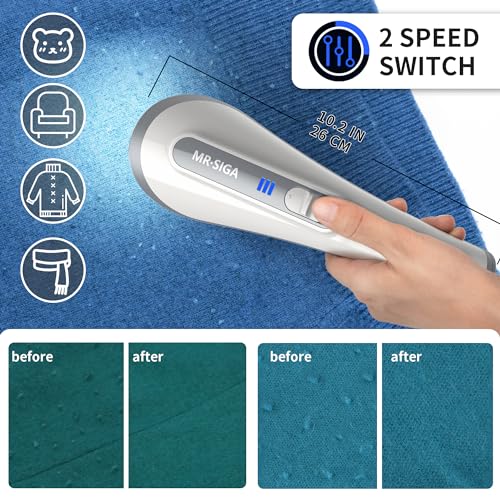 MR.SIGA Fabric Shaver and Lint Remover with 2 Speeds, Rechargeable Electric Lint Fuzz Remover with LED Lights and 2 Replaceable 6-Leaf Blades, Cream/Gray