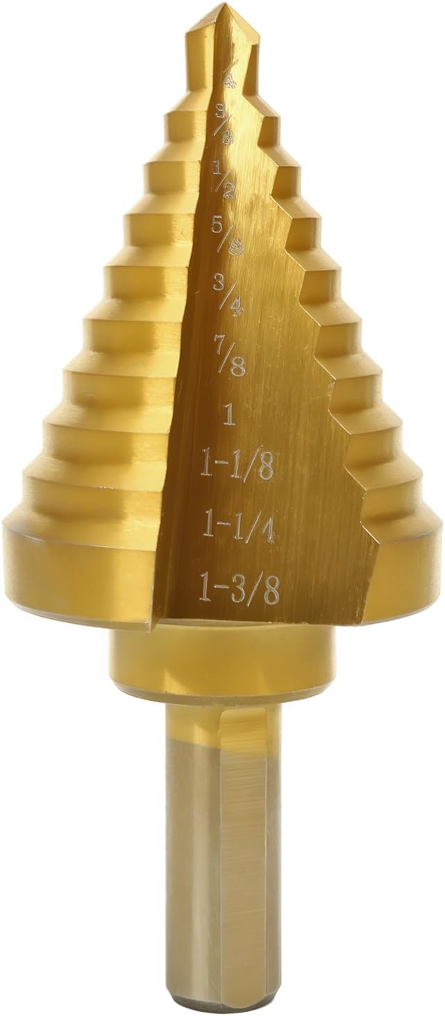 COMOWARE Step Drill Bit for Metal, Titanium Coated, Double Cutting Blades, High Speed Steel, Short Length Drill Bit, Total 10 Sizes from 1/4 to 1-3/8", for Steel Sheets Aluminum Copper Plastic Wood