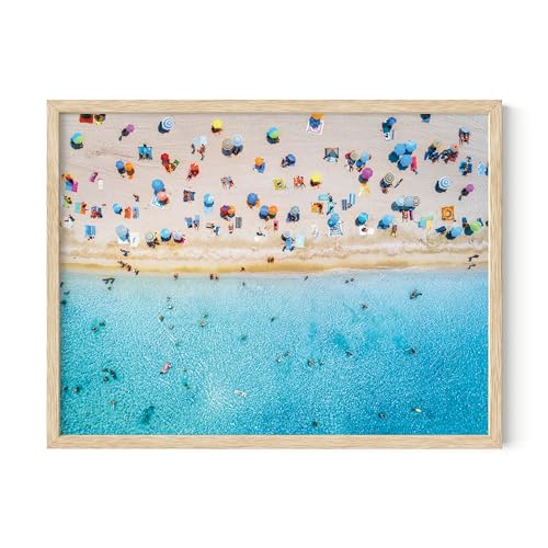HAUS AND HUES Aerial Surfer Beach Poster Wall Art Decor - Made in The USA - Beige Frame, 12x16 (Aerial View)