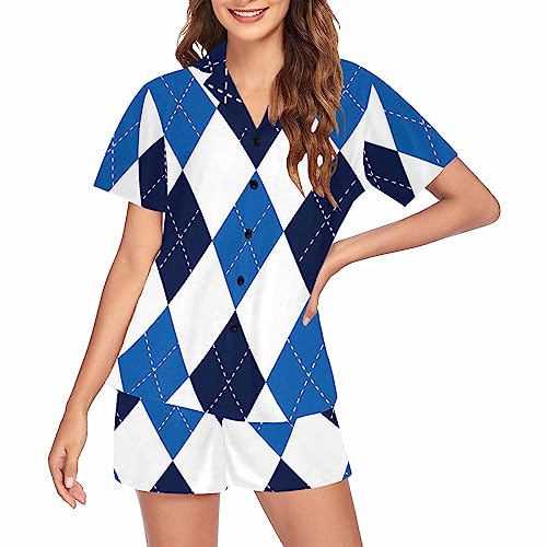 Interestprint Women's Pajama, Argyle Pattern Blue Classic Design 2 Piece Pjs Sets Button Down Shirt Casual Pajama Adult Night-Wears Casual Pajama S #TOP10