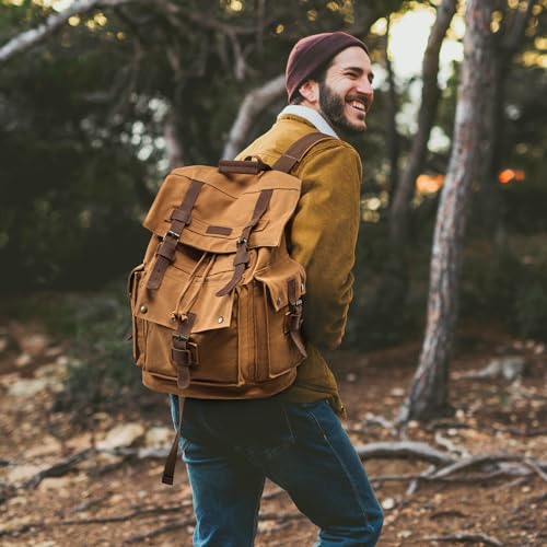 Kattee Men’s Leather Canvas Backpack Large School Bag Travel Rucksack Khaki - Thumbnail 2