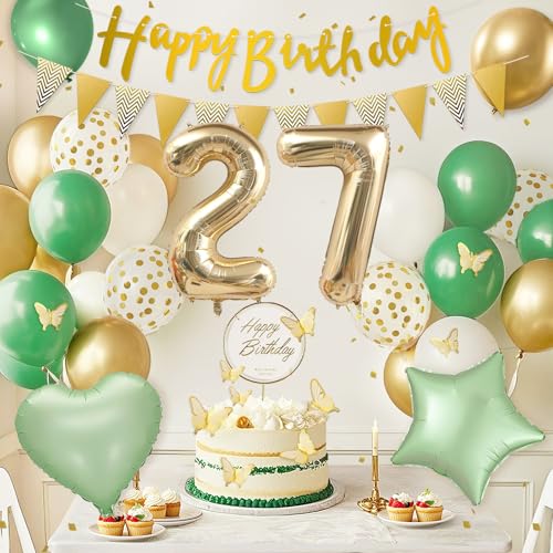 27th Sage Green Birthday Decorations, Boho Green White Gold Balloons Decorations for Girls, Happy 27 Birthday Party Supplies with Happy Birthday banner, Number Foil Balloon, Butterfly Cake Topper by NANINUNENO - Image 7