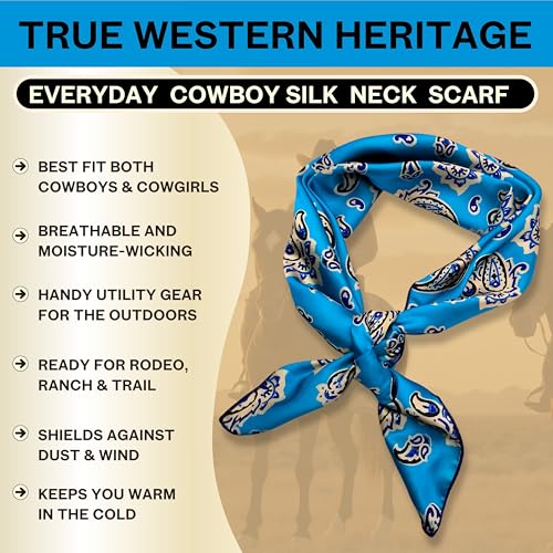 Wild Rag Silk Scarf 36'', Western Cowboy Bandana Square Silky Wild Rags,Turquoise &White Paisley Tibal Scarves for Men & Women2
