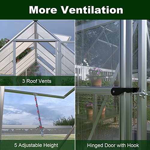 Amerlife 6X12 Ft Hybrid Polycarbonate Greenhouse With Lockable Hinged Door 3 Vent Window Walk-In Hobby Greenhouse Aluminum Hot House For Outdoor Garden Backyard Silver #TOP3