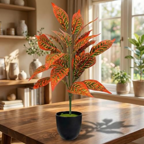Image of Dekorly Artificial Plant Leaves Tropical Monstera Large Artificial Plants Fake Zebra Leaf Plastic Palm Tree Branch for Home Garden Decor | 26 Leaves (WithPot-Green-C, Height : 76CM)