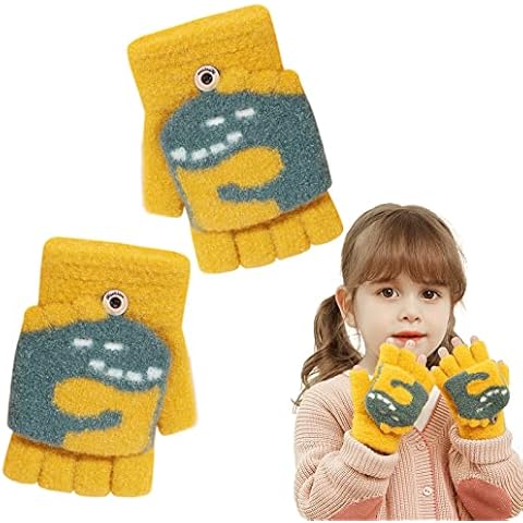 Kids Fingerless Flap Cover Gloves, Convertible Flip Top Gloves Dinosaur Half Finger Mittens Fingerless Gloves Knitted Warm Winter Gloves for 4-8 Years Boys Girls Cover