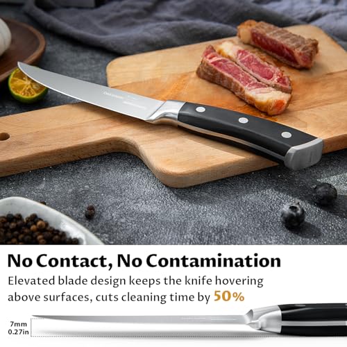 OAKSWARE Steak Knives Set of 8, Non Serrated Steak Knives with Block, 5 inch German Stainless Steel Straight Edge Steak knife with Full Tang Handle, Rust Resistant & Easy to Maintain - immagine 5