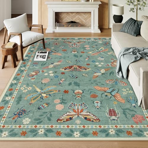 Image of Lahome Insect 8x10 Area Rugs, Soft Washable Rugs 8x10 Living Room Green Rugs for Bedroom Dining Room, Ultra-Thin Modern Rug Stain Resistant Large Carpet for Nursery Vionnet(8'x10',Green)