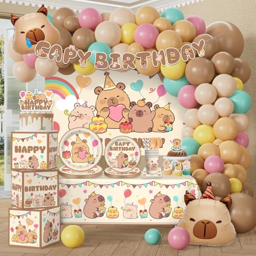287 Pcs Capybara Birthday Decorations Worry-Free One-Stop Set Serves 25 Guests with Capybara Balloons Arch Kit Backdrop Thick Plates and Cake Toppers Easy Setup for Capybara Party Decorations