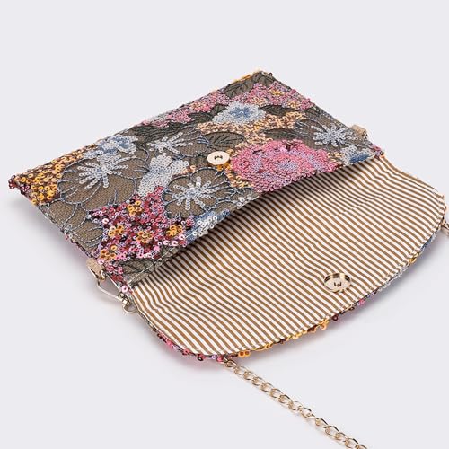 Image of Clutch Purses for Women, Envelope Package, Sequin Embroidered Flowers Straw Bag, Bohemian Handmade Handbags