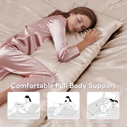 Image of MR&HM Satin Body Pillow Cover, Soft and Breathable Body Pillow Case with Envelope Closure, Cooling and Silky Long Pillowcase for Hair and Skin,Grey (20x54, Champagne)