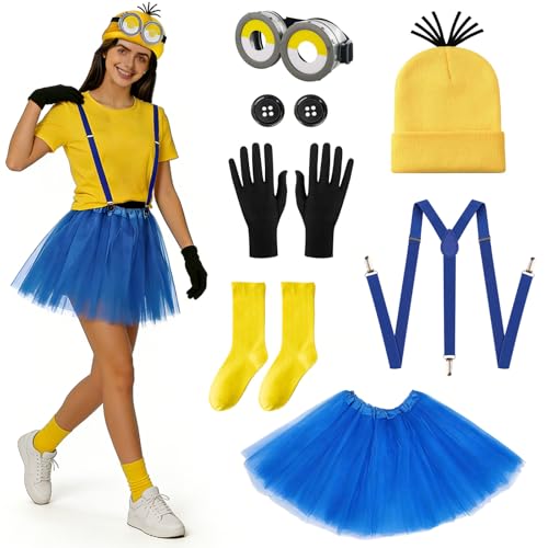 HUIKUANGEU Fantasia amarelo para Cosplay, acessórios amarelos de Cosplay, disfarces minion, inclui óculos, chapéu, luvas, para cosplay disfarce Halloween carnaval, c, Tamanho único