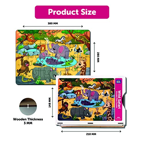 Image of Mini Leaves 24 Piece Wild Safari Animals Jigsaw Puzzle - Wooden Educational Toys for Kids 3+ Years - Safe & Durable Pre-School Gift