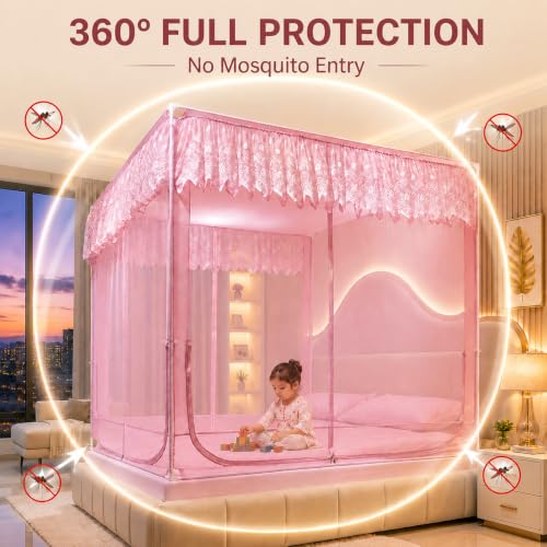 Image of Dawnwake Mosquito Net for King Size Double Bed, Anti-Fall Machardani Mosquito Net for Babies and Adults, Portable Foldable Mosquito Net Tent for Travel /Camping (Pink, 200x180cm)