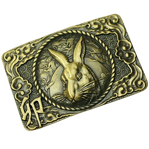 GNSN Chinese Zodiac Belt Buckles Brass Golden Toad Embossed Buckle Head Retro Decor (Rabbit)