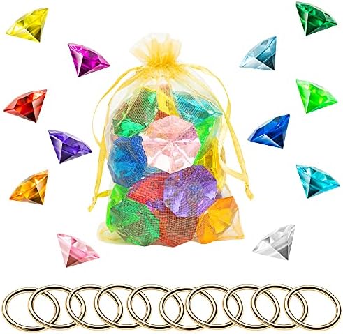 PANTIDE Acrylic Diamond Gems Jewels Alloy Gold Round Ring Set The Blue Hedgehog Chaos Emeralds Power Rings Colorful Party Favor Supplies Cake Decoration Pirate Treasure Chest Hunt for Kids with Bag