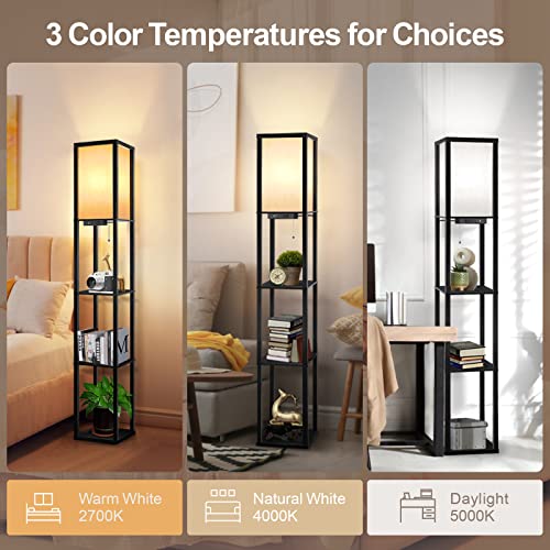 Outon Floor Lamp With Shelves, Led Modern Shelf Floor Lamp With 2 Usb Ports & Power Outlet, 3 Color Temperature, Storage Display Wood Column Standing Tall Lamp For Living Room, Bedroom, Office (Black) #TOP1
