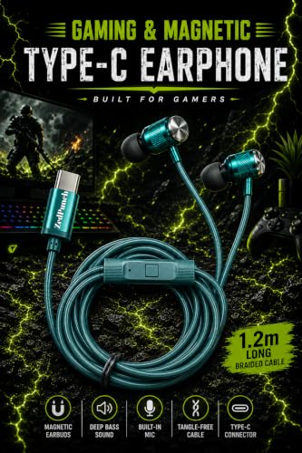 Image of ZedPunch Gaming Type-C Wired Earphone with Mic, 10mm Dynamic Bass Driver, Magnetic in-Ear Headphones, Low Latency Sound for Gaming, 1 Button Control, HD Calling, Voice Assistant (Dark Green)