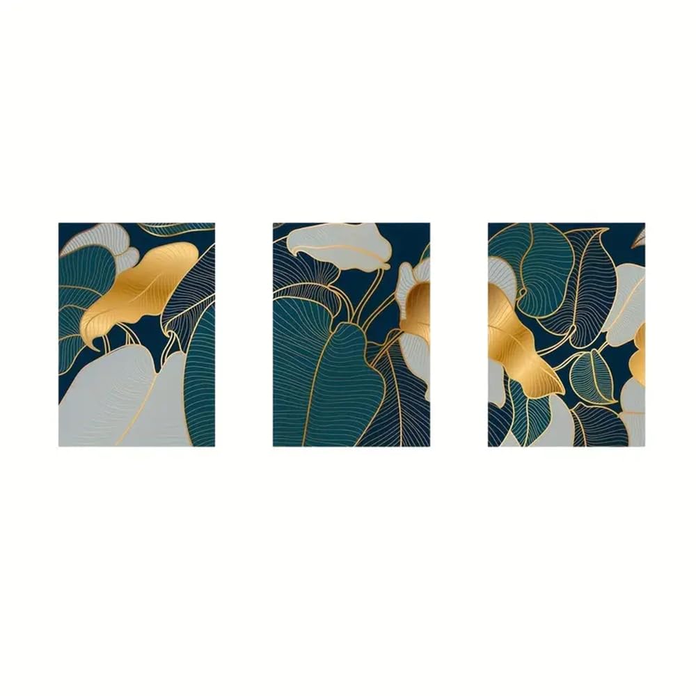 WBYZAC Art Prints-Plant Wall Art Pictures, Golden Blue Green Plant Leaves Canvas Art Print Painting, Abstract Botanical Poster for Living Room Kitchen Home Decor-50 * 60cm*3PCS (No Frame)