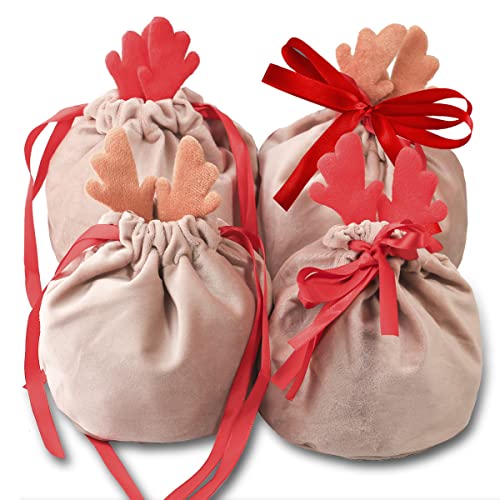 Sacs de Cadeaux de Noël Set, 4 Pièces 13X15CM Velours Sacs de Cadeaux avec Cordon, Sac à Bijoux, Sac à Bonbons de Mariage, Petit Sac de Rangement avec Etiquette Cadeaux et Corde de Chanvre Cover