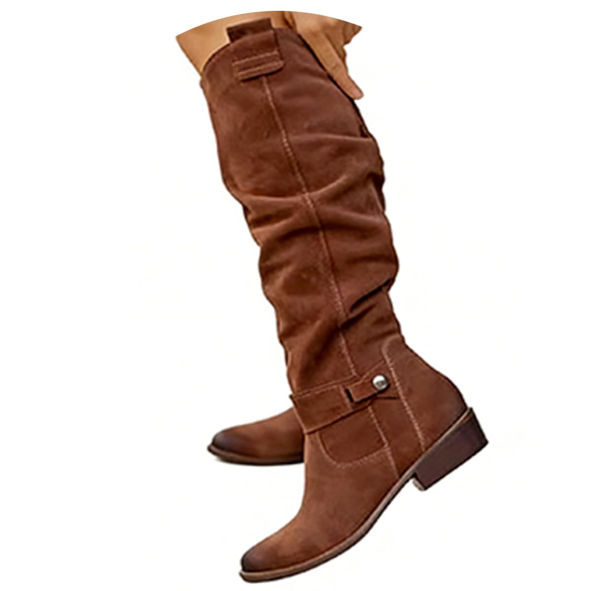 slouchy boots for women Side Zipper suede knee high boots for women Pleated Round Toe Suede Waterproof Western