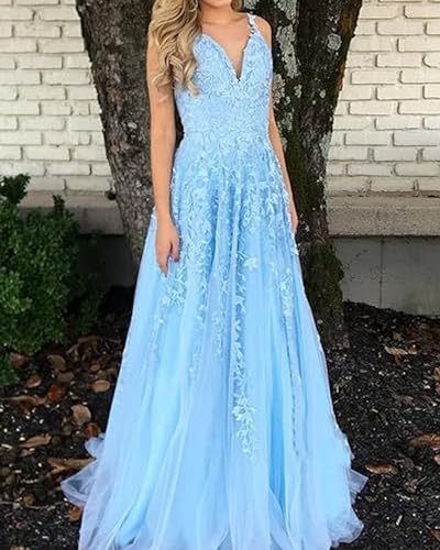 Spaghetti Straps Tulle Prom Dress with Applique V Neck Long Formal Ball Gowns A Line Floral Evening Dresses4