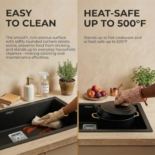Image of ARQUIN Quartz Kitchen Sink 24x18x9 Inch Black | Single Bowl Quartz Sink For Kitchen | Durable & Scratch-Resistant | Undermount /Topmount Including Coupling, Waste Pipe & Fruit Washing Basket