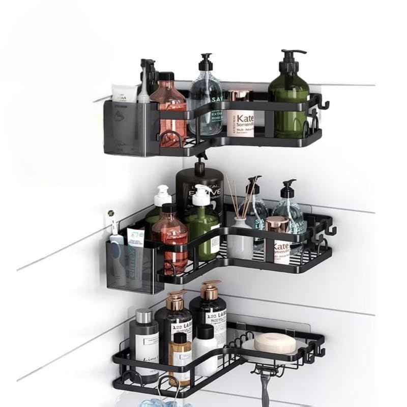 3 PCS Corner Shower Caddy No Drilling Stainless Steel Shower Storage Rack with Hooks Toothpaste Holder for Bathroom