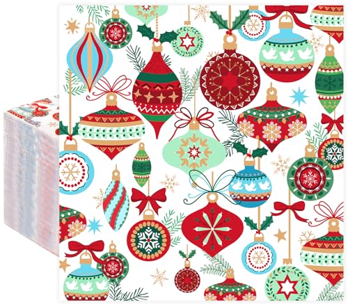 Quera 50 Pack Christmas Cocktail Napkins Disposable Vintage Lamp Ball Pine Branch Paper Napkins Winter Dinner Hand Napkin for Christmas Winter Holiday Party Supplies, 6.5 x 6.5 Inch
