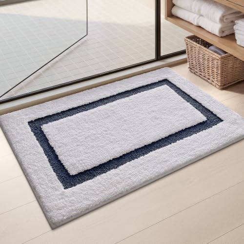Image of Color&Geometry White Bathroom Rugs 24x16, Extra Soft Absorbent Microfiber Bath Rug, Non-Slip Bathroom mat, Washable Plush Bath Mats for Bathroom, Shower, Bathtub, Laundry, Small, White Blue