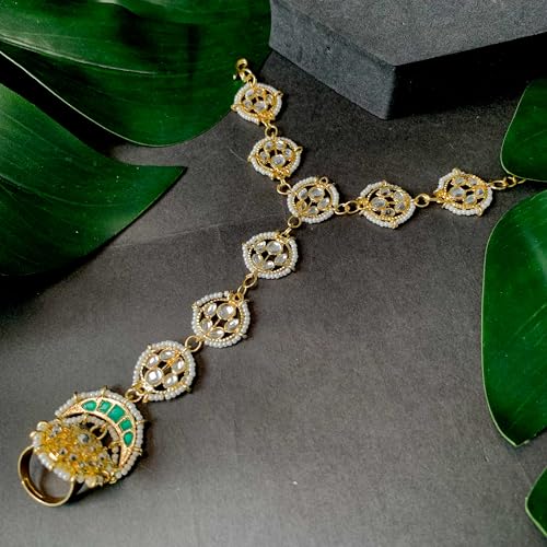 Image of I Jewels Traditional Gold Plated Embellish With Kundan & Pearl Adjustable Haath Phool /Panja Bracelet for Women (PIJ037G)